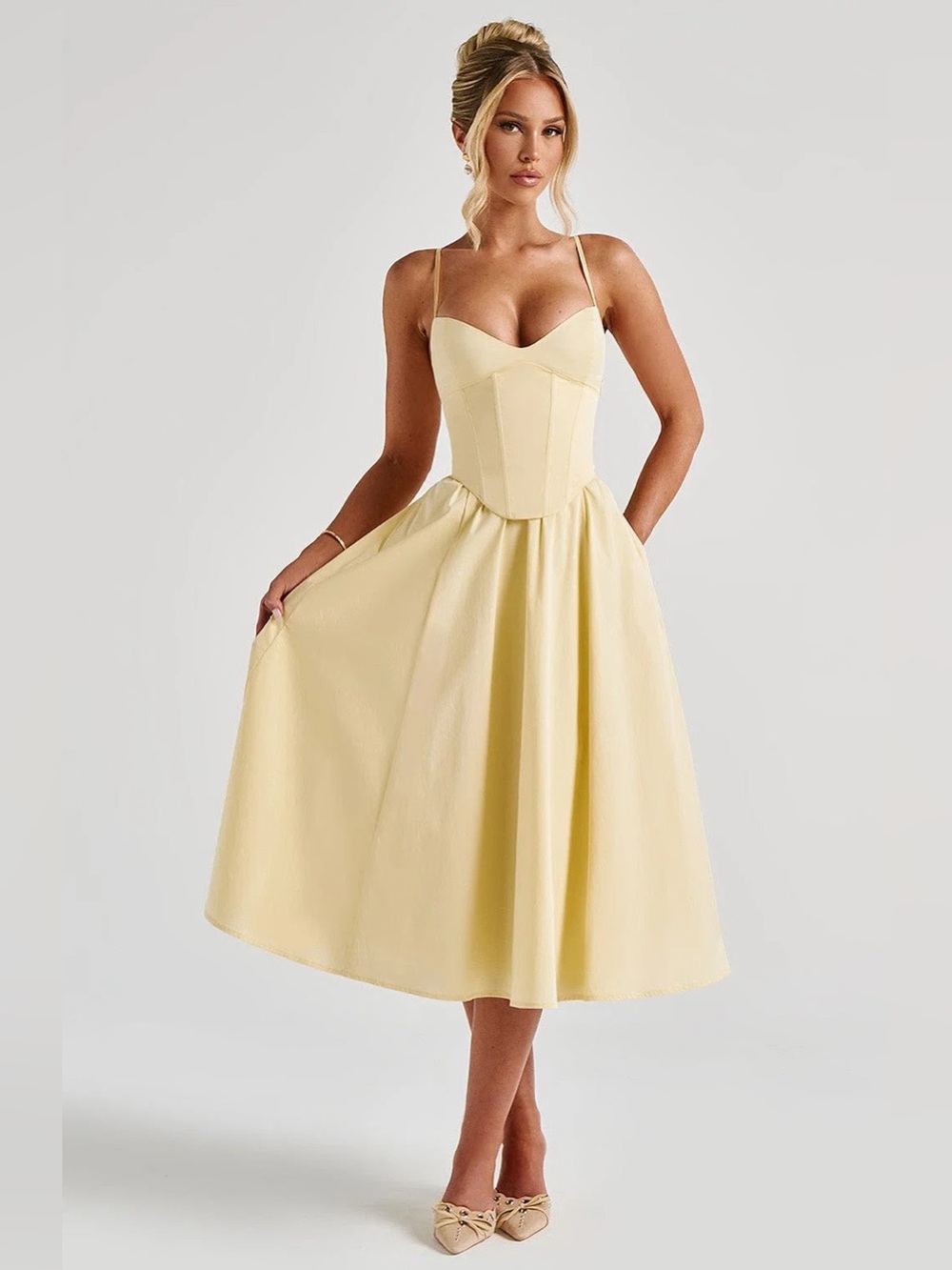 BABYBOO Mariella Midi Dress XS Lemon Butter Yellow Corset Lace Up Cottagecore